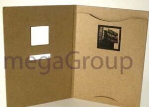 Creative die cut jacket with window to show business card name (how to personalize packaging), slots for literature, disc, and business card, fiberboard stock with 1C printing