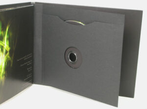 Close up of swinging sleeve die cut center hole oversized custom 2disc cd jacket