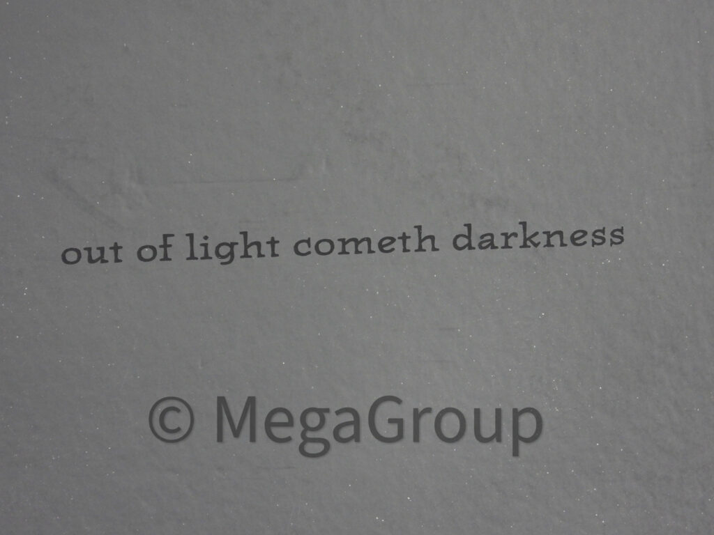 close up of spot gloss words out of light cometh darkness